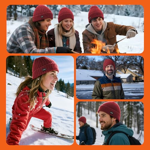 Winter Beanie Merino Wool Fleece Lined for Men Women Soft Warm Knit Hat Ski Stocking Cuffed Cap - color: Red