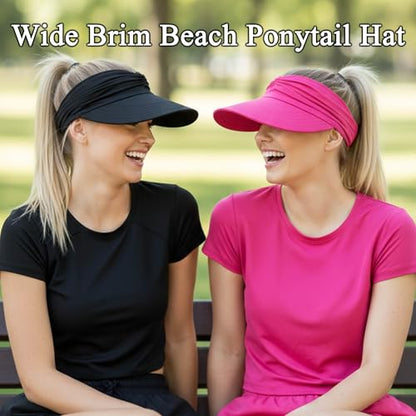 2 Pack Sun Visor Hat Wide Brim Womens Beach Hats Foldable Golf Women Visors - color: Black, Rose Red