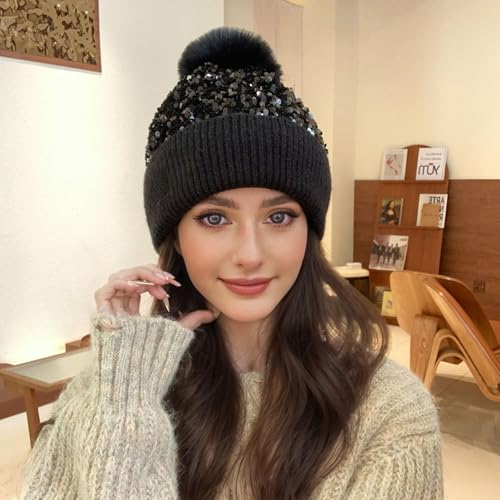 Women Sparkly Sequins Knitted Beanie Hat Warm Winter Skull Cap with Faux Fur Pom Pom - color: X Black With Knit Cuffs