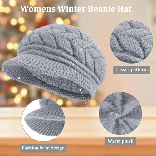 Loritta Womens Winter Beanie Hats, Thick Warm Beanie with Visor Brim - color: D-grey