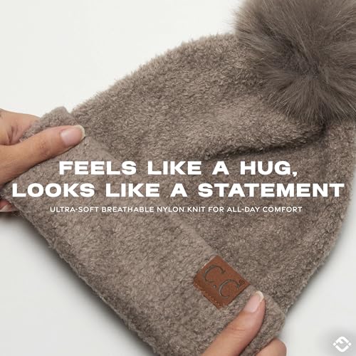 Funky Junque Beanie for Women Ultra Soft Chenille Faux Fur Pom Pom Winter Hats Warm Ski Cap Fashion - color: Terry Chenille - Light Grey