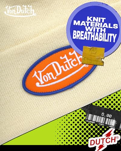Von Dutch Unisex Cuffed Knit Skull Cap Beanie, Embroidered Logo - color: Canvas