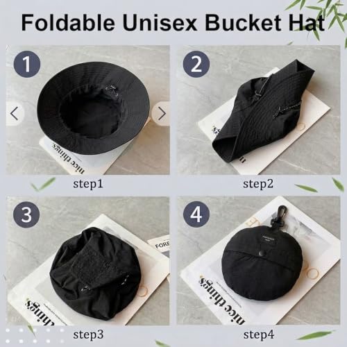 Packable Sun Bucket Hat for Women Men Wide Brim Outdoor Hiking Hat - color: Black