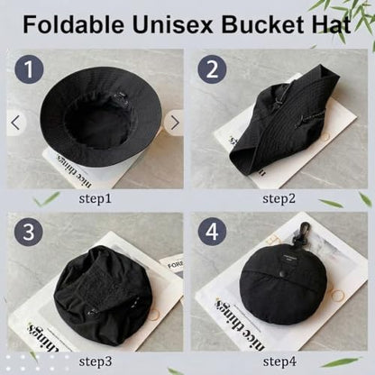 Packable Sun Bucket Hat for Women Men Wide Brim Outdoor Hiking Hat - color: Black