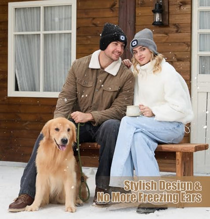 MELASA Winter Fleece Lined LED Beanie with Earflap, Warm Hats with Light - color: Slate Gray