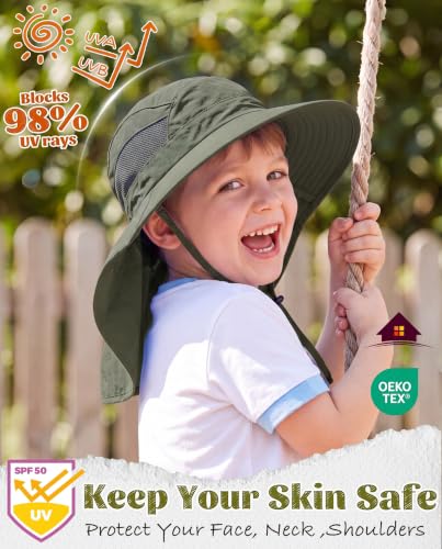 Home Prefer UPF50 Wide Brim Kids Sun Hat Neck Flap Boys Girls Sun Protection Hat for Beach Fishing - color: Army Green, size: 4-8 Years