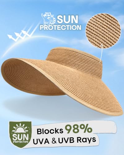 FURTALK Sun Hats for Women Wide Brim Ponytail Straw Visor Foldable Beach - color: Khaki+black