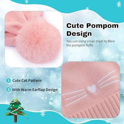 Girls Beanie Knit Hat with Ear Flaps Rainbow Cat Hats Toddler Kids Winter Outdoor Skull Snow Ski Cap Age 2-10 - color: Pink, size: 5-10 Years