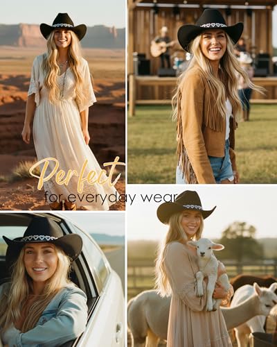 Western Cowboy Hat for Women Wide Brim Cowgirl Hats - color: Heart Black