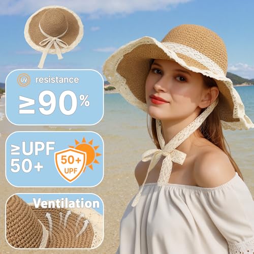 Beach Hats for Women, UPF 50+ Packable Floppy Lace Trim Sun Hat - color: Khaki