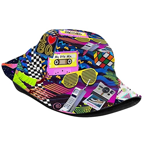 Funny Retro 80s 90's Style Design Summer Unisex Reversible Print Bucket Hat - color: 80s_ 90s 15