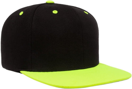 YP Classics 6089 Wool-Blended 6 Panel High Profile Flatbill Snapback Cap - color: Black/Neon Green