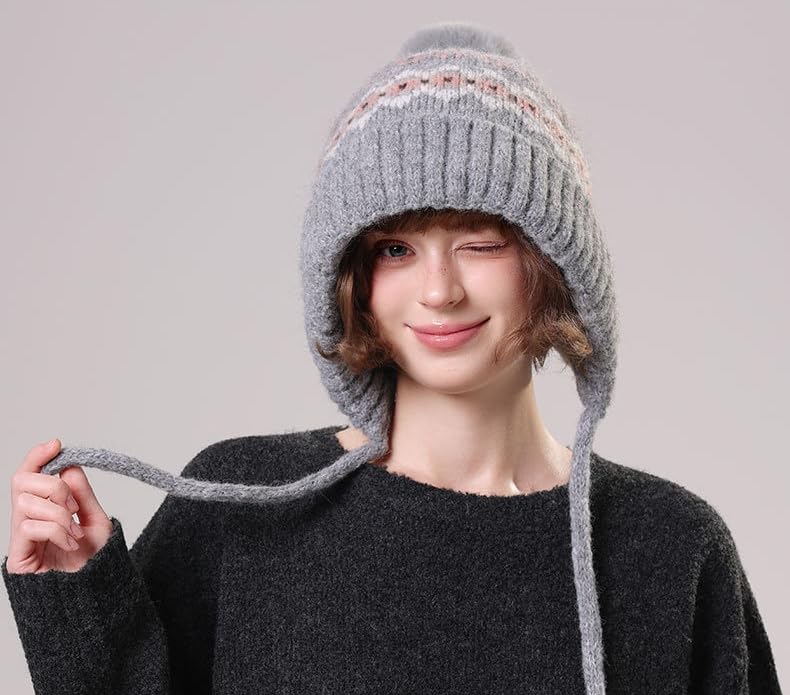 TINAYAUE Women Winter Beanie Hat Retro Jacquard Knit Warm Fleece Lined Ski Snow Cap Slouchy Earflap Pompom Hat with Strings - color: Grey