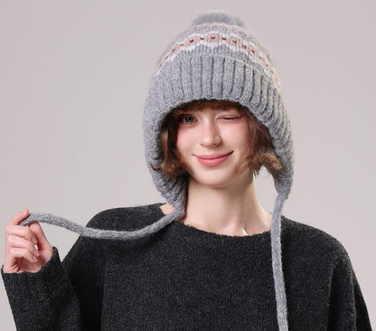TINAYAUE Women Winter Beanie Hat Retro Jacquard Knit Warm Fleece Lined Ski Snow Cap Slouchy Earflap Pompom Hat with Strings - color: Grey