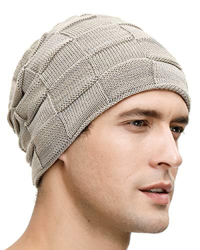 Vgogfly Slouchy Beanie for Men Winter Hats for Guys Cool Beanies Mens Lined Knit Warm Thick Skully Stocking Binie Hat Pairs - color: Light Grey&khaki-2