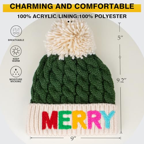 Christmas Merry Beanie for Women Winter Crochet Hat Chunky Cable Knit Pompom Santa Hat - color: Green-merry