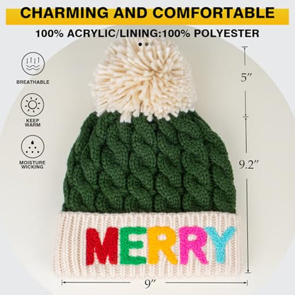Christmas Merry Beanie for Women Winter Crochet Hat Chunky Cable Knit Pompom Santa Hat - color: Green-merry