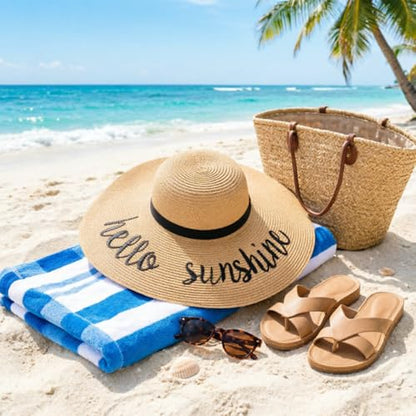 DRESHOW Big Straw Sun Hats for Women Floppy Foldable Roll up Beach Cap Sun Hat UPF 50+ Vacation Honeymoon Embroidered Hat - color: Ae Hello Sunshine: Khaki