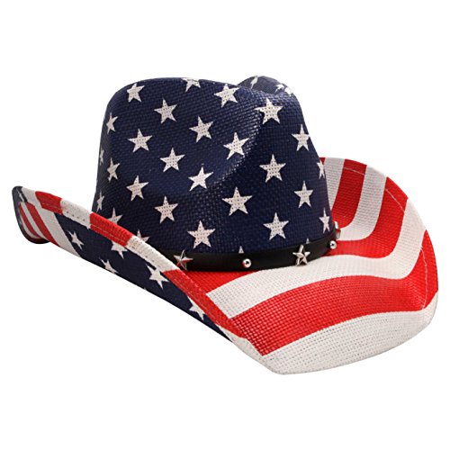 grinderPUNCH Straw Cowboy Hat for Men Women Western Cowgirl Outback Sun Hat - color: Modern Flag