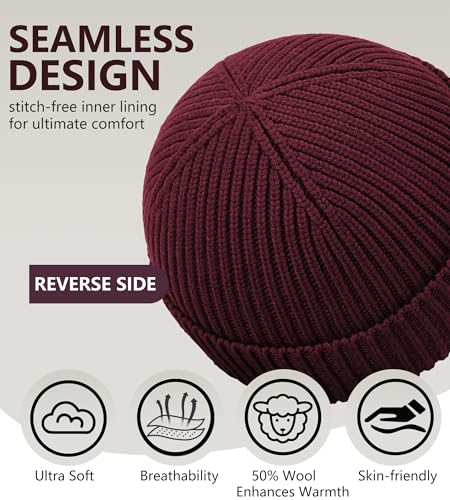 Seamless Beanie Hat for Men Women Wool Fisherman Beanies Winter Hats - color: Wine Red