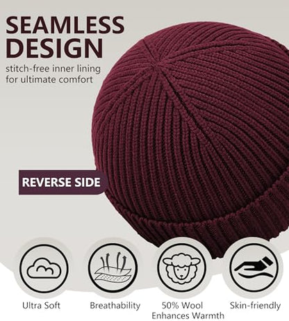 Seamless Beanie Hat for Men Women Wool Fisherman Beanies Winter Hats - color: Wine Red