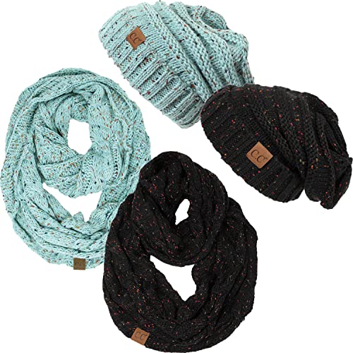 Funky Junque Slouchy Beanie & Infinity Scarf Gift Set – Matching Winter Accessories Sets for Women, Oversized Hat and Scarves - color: 2 Pack: Confetti Black & Confetti Mint