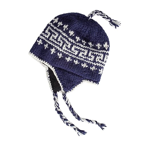 Hand Knit Sherpa Wool Hat with Micro Fleece Lining and Ear Flaps, Handmade Winter Toque, Christmas Beanie, Made in Nepal - color: Navy Blue and White