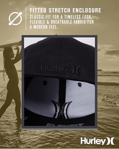 Hurley Mens Textured Fitted Baseball Cap, Moisture Wicking, Curved Brim - color: Black/(Black), size: Large-X-Large