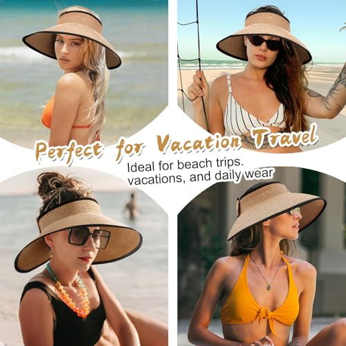 Women's Sun Visor Hats Wide Brim Straw Beach Hat Ponytail Hats for Women Foldable Floppy - color: 1pack-khakiblack