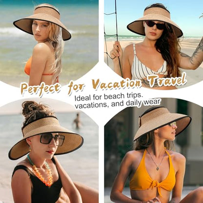 Women's Sun Visor Hats Wide Brim Straw Beach Hat Ponytail Hats for Women Foldable Floppy - color: 1pack-khakiblack
