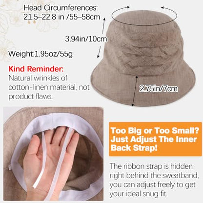 Linen Blend Ruched Bucket Hat Ultra-Light Breathable Sun Hat - color: Oatmeal