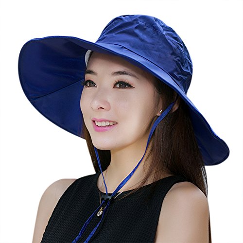 Women Summer Rain UV UPF 50 Sun Protection Wide Brim Hat - Foldable Bucket Sun Hat - color: Blue
