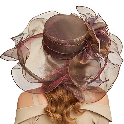 Women Oganza Sun Hat Church Wide Brim Wedding Formal Fascinator Hat - color: Reddish Brown