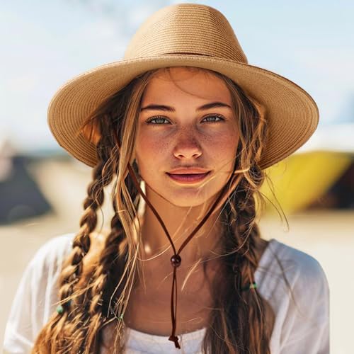 DRESHOW Womens Summer Straw Sun Hat Wide Brim Bucket Hats Fedora Hat Panama Beach Hat with Chin Strap UPF 50+ - color: 1 Pc Panama Fedora: Khaki