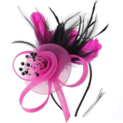 DRESHOW Fascinators Hats for Women Tulle Feather Tea Party Fascinator Hats - color: Fuchsia & Black
