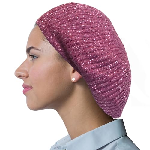 Hair Snood, Knit Slouchy Beret Beanie Lightweight, Jewish Head Coverings for Women, Cancer Headwear for Women Chemo Sleep Hat - color: Grapeberry Thin Ribbed