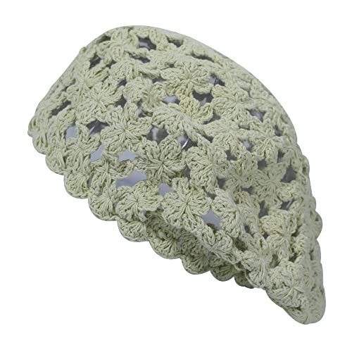 ZLYC Women Cotton Slouchy Crochet Beret Handmade Cutout Floral Beanie Hat - color: Solid Green