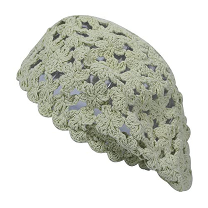 ZLYC Women Cotton Slouchy Crochet Beret Handmade Cutout Floral Beanie Hat - color: Solid Green