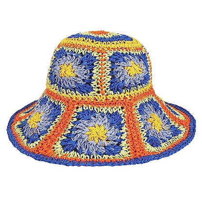 Womens Multicolor Floral Crochet Straw Sun Hat Wide Brim Summer Beach Hat - color: Blue