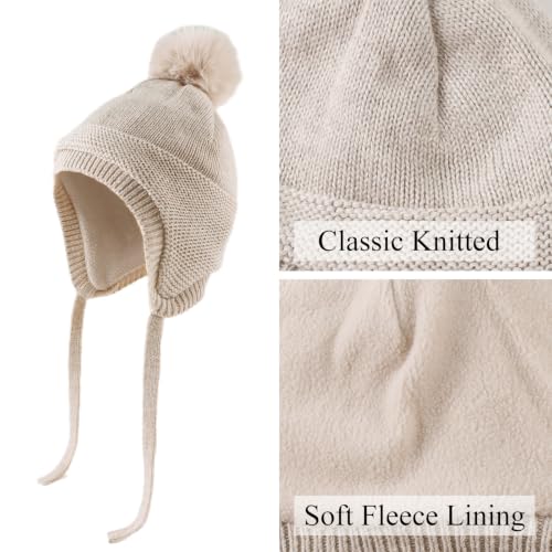 JANGANNSA Basic Winter Baby Boy Beanie Pompom Knit Girl Hat Kid Earflap Cap - color: Oatmeal Hat, size: 6-24 Months