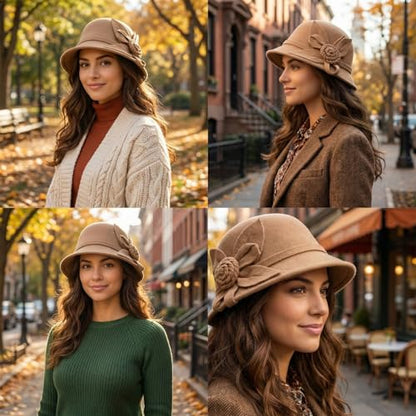 Woolen Cloche Hat for Women, Flower Winter Warm Bucket Cap - color: Camel