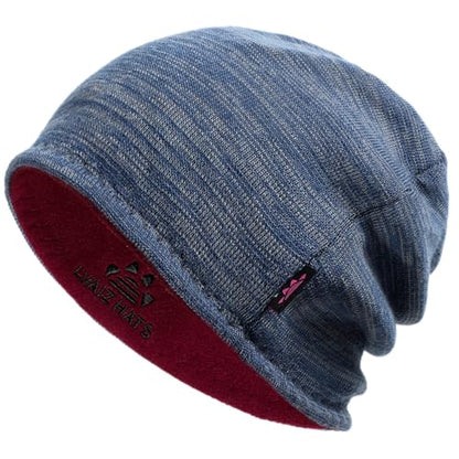 Lvaiz Winter Fleece Lined Beanie Hat for Men Women Reversible Skull Cap - color: Blue Grey+wind Red