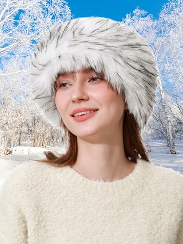 sy soul young Women's Leopard Faux Fur Hats Fluffy Bucket Hat Russian Style - color: White and Black Tips