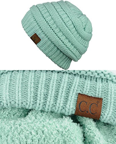 C.C Unisex Chunky Soft Stretch Cable Knit Warm Fuzzy Lined Skully Beanie - color: Mint