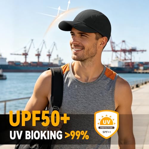Foldable Baseball Cap for Men and Women,Long Brim Breathable Baseball Hats Quick Dry Sun Protection Collapsible Portable Hat - color: Black