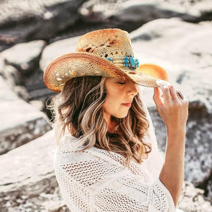 FLUFFY SENSE. Cowgirl Hats for Women Straw Cowboy Hat Western Beach Sun Hat with Shapeable Brim for Coastal Cowgirl - color: Sandstone Tan