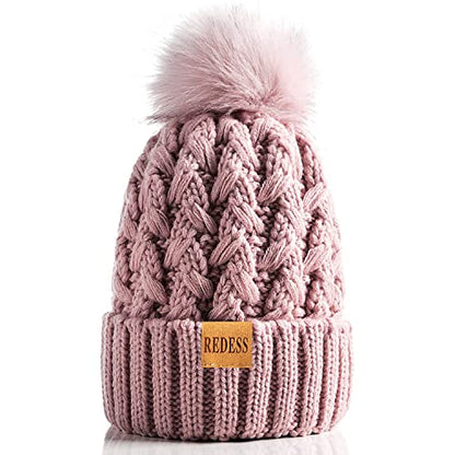 REDESS Women Winter Pompom Beanie Hat Fleece Lined Warm Hats, Thick Slouchy Snow Knit Crossed Cap for Ladies… - color: Pink