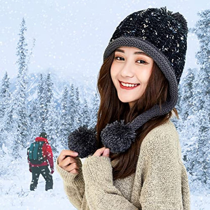 HUAMULAN Women Winter Sherpa Knit Beanie Hat Fleece Lined Ear Flaps - color: Black