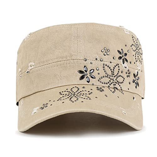 ililily Rhinestone Cotton Cadet Cap Vintage Distressed Cotton Military Army Hat - color: Beige_black Stone