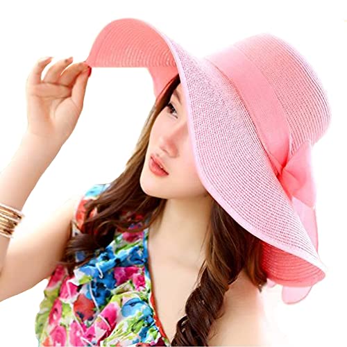 FSIGOM Women's Folable Floppy Hat,Wide Brim Sun Protection Straw Hat, Summer UV Protection Beach Cap - color: C1-f-pink, size: Medium
